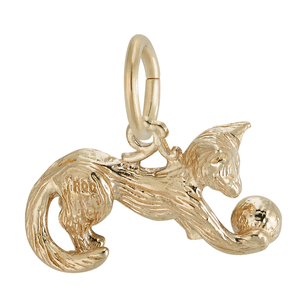 Gold cat charm with a ball, shown facing right on a white background