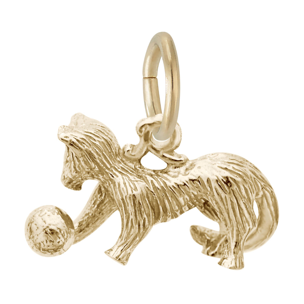 Gold cat charm with a ball, shown facing left on a white background