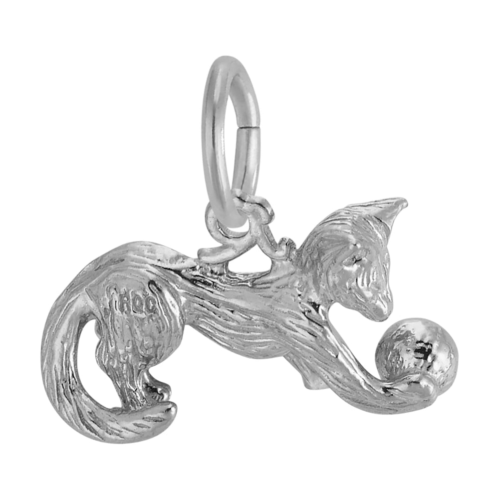 Silver cat charm with a ball, shown facing right on a white background