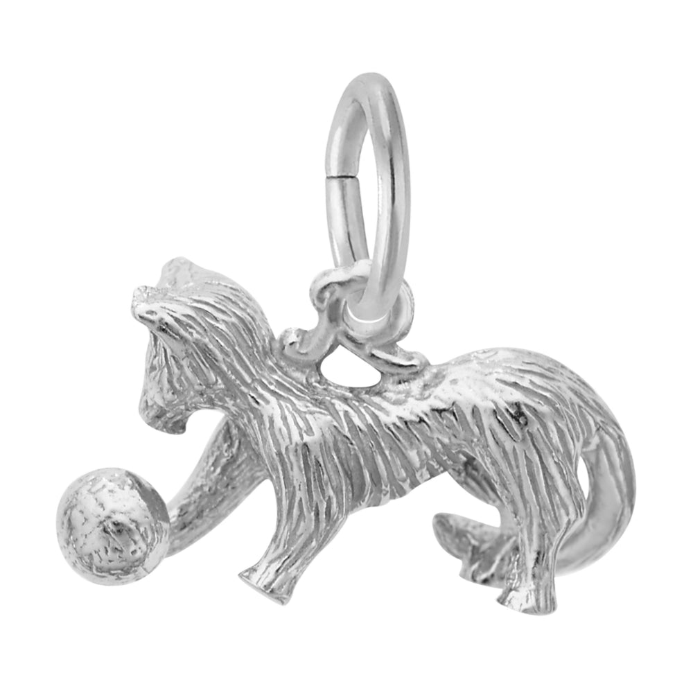 Silver cat charm with a ball, shown facing left on a white background