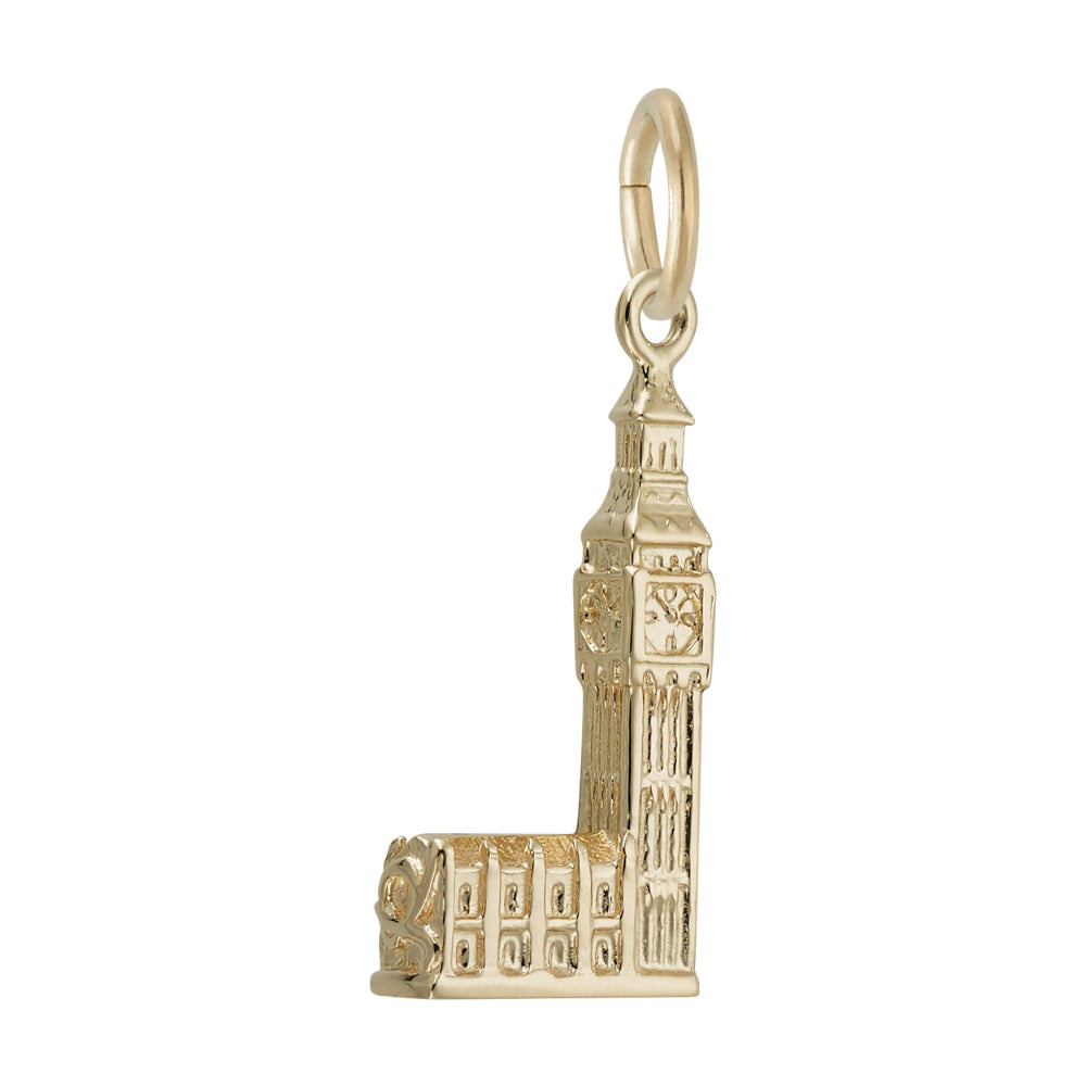 A gold backwards L-shaped charm shaped like Big Ben, featuring a detailed clock face and textured architectural details, shown on a plain white background.