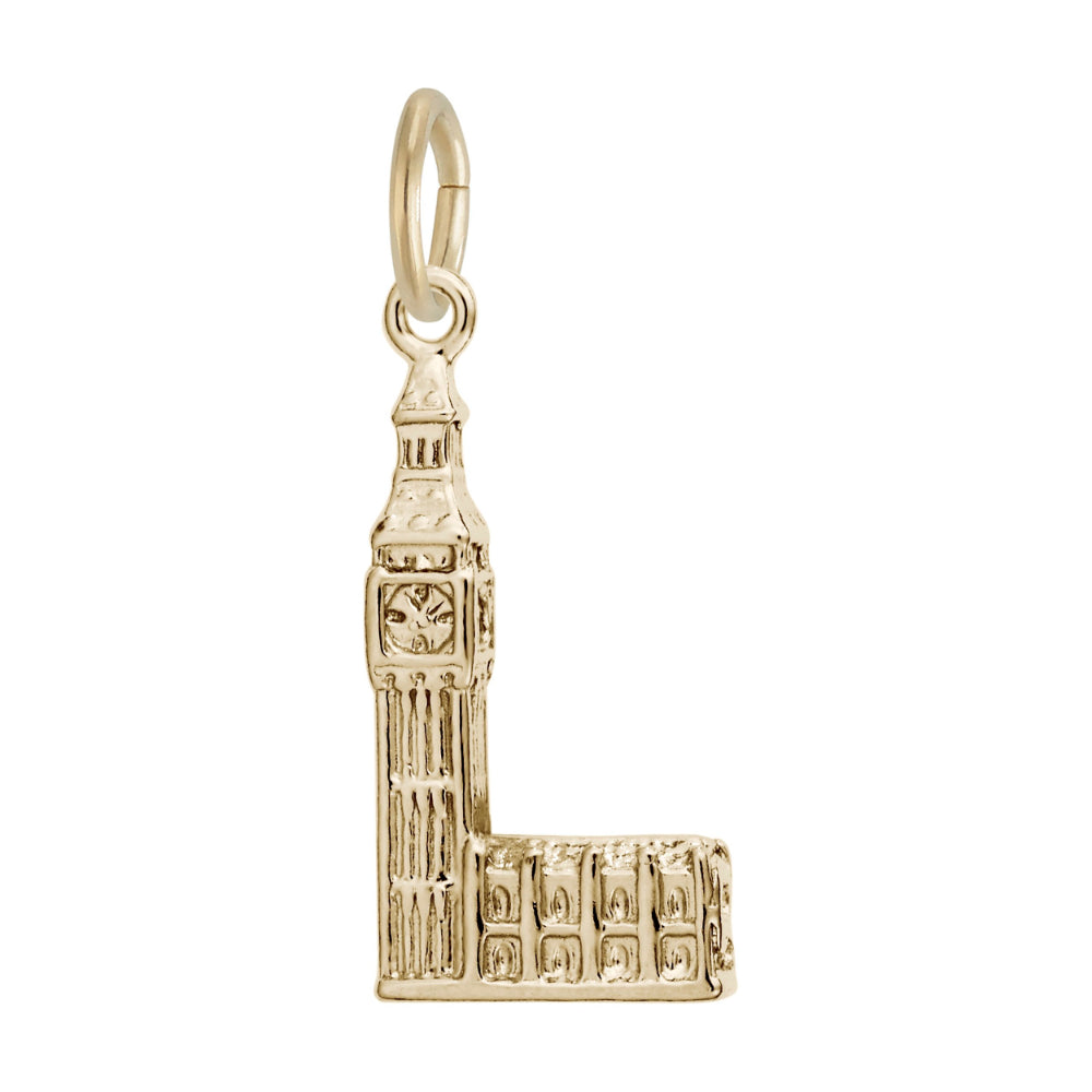 A gold L-shaped charm shaped like Big Ben, featuring a detailed clock face and textured architectural details, shown on a plain white background.