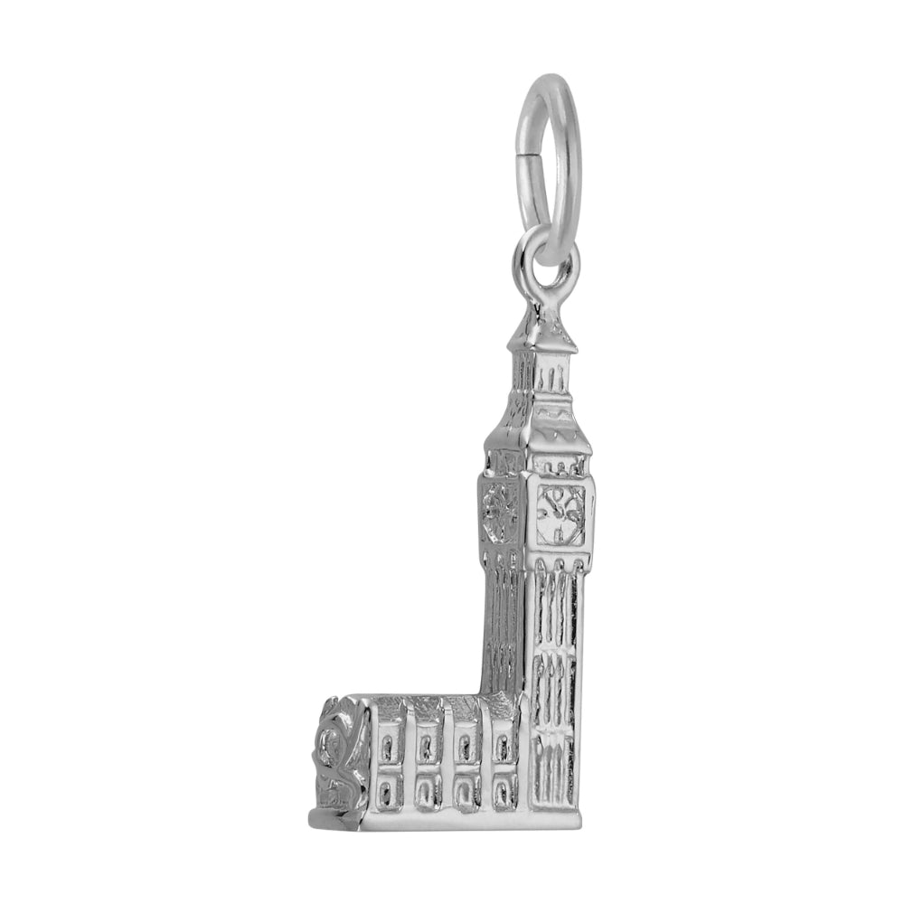 A silver backwards L-shaped charm shaped like Big Ben, featuring a detailed clock face and textured architectural details, shown on a plain white background.