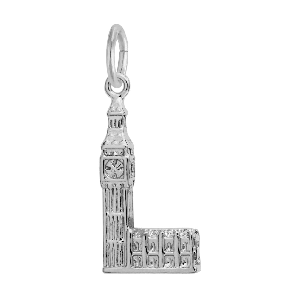 A silver L-shaped charm shaped like Big Ben, featuring a detailed clock face and textured architectural details, shown on a plain white background.
