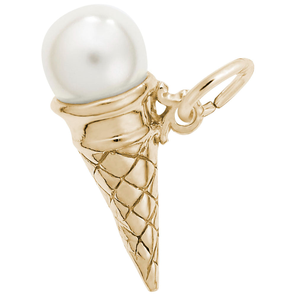 Gold ice cream cone charm with a pearl on a white background