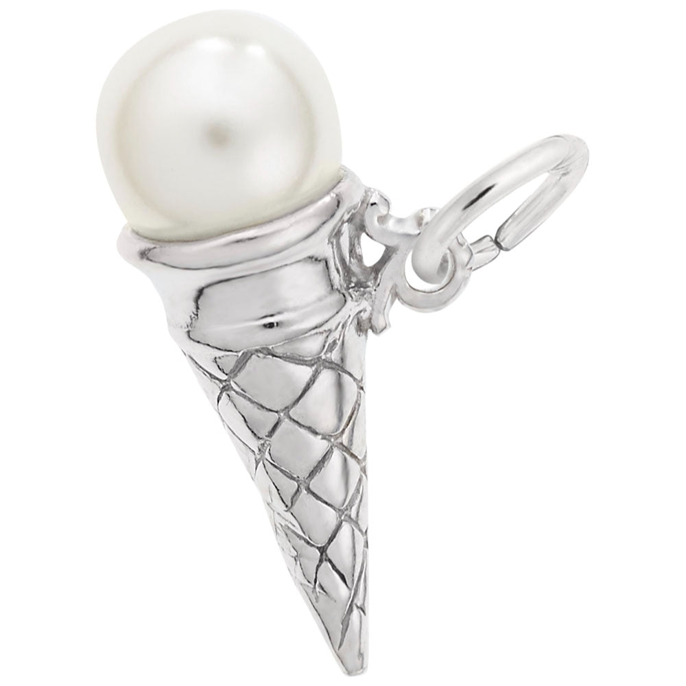 Silver ice cream cone charm with a pearl on a white background