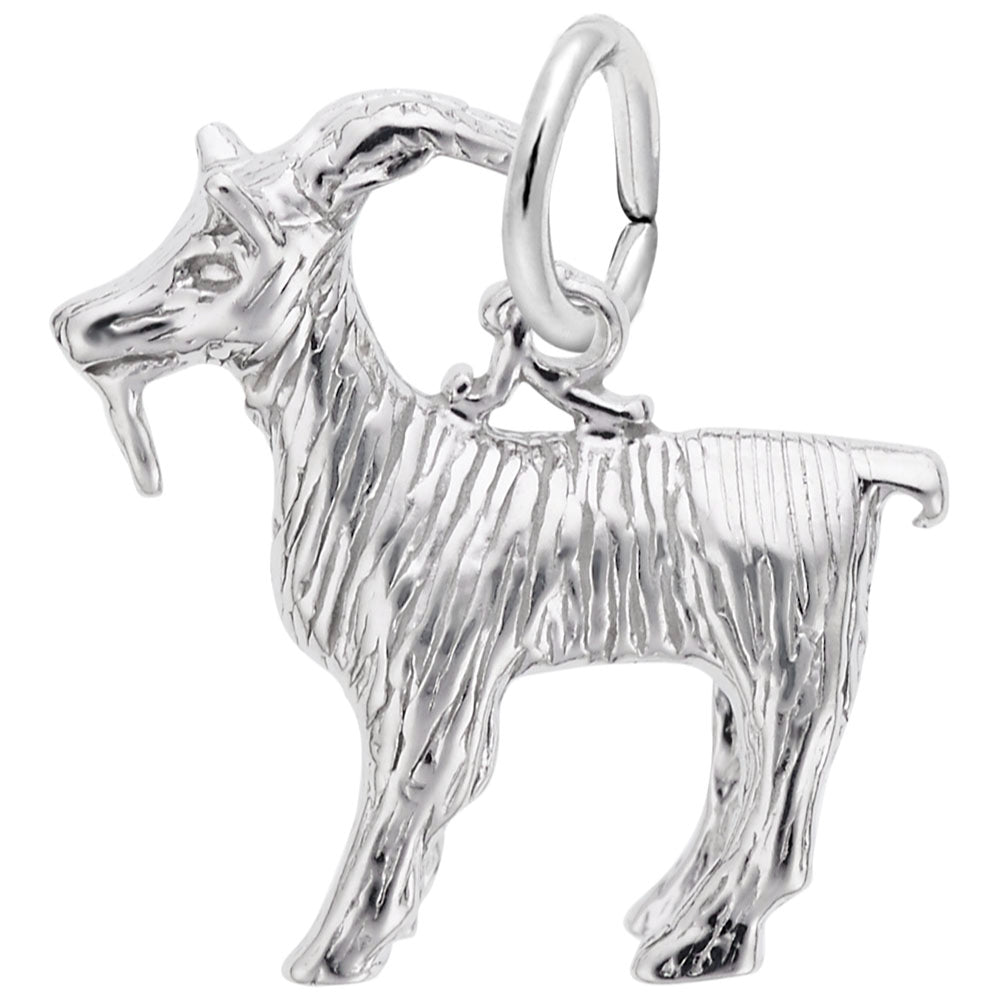 Silver goat charm with a textured finish, shown on a white background