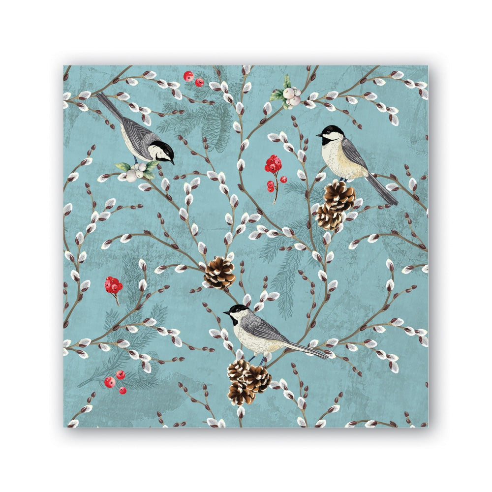 Pattern of birds and nature elements on a blue background.