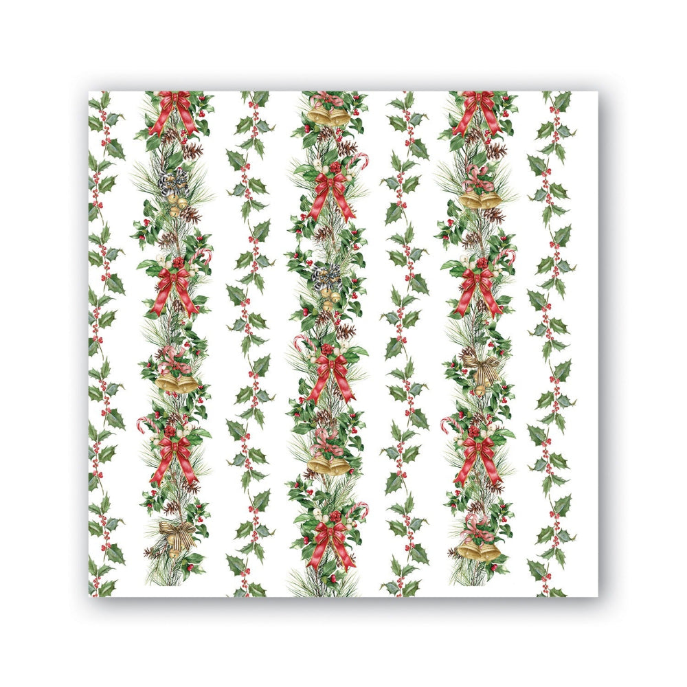 Christmas-themed border with holly leaves, red ribbons, and pine cones on a white background.