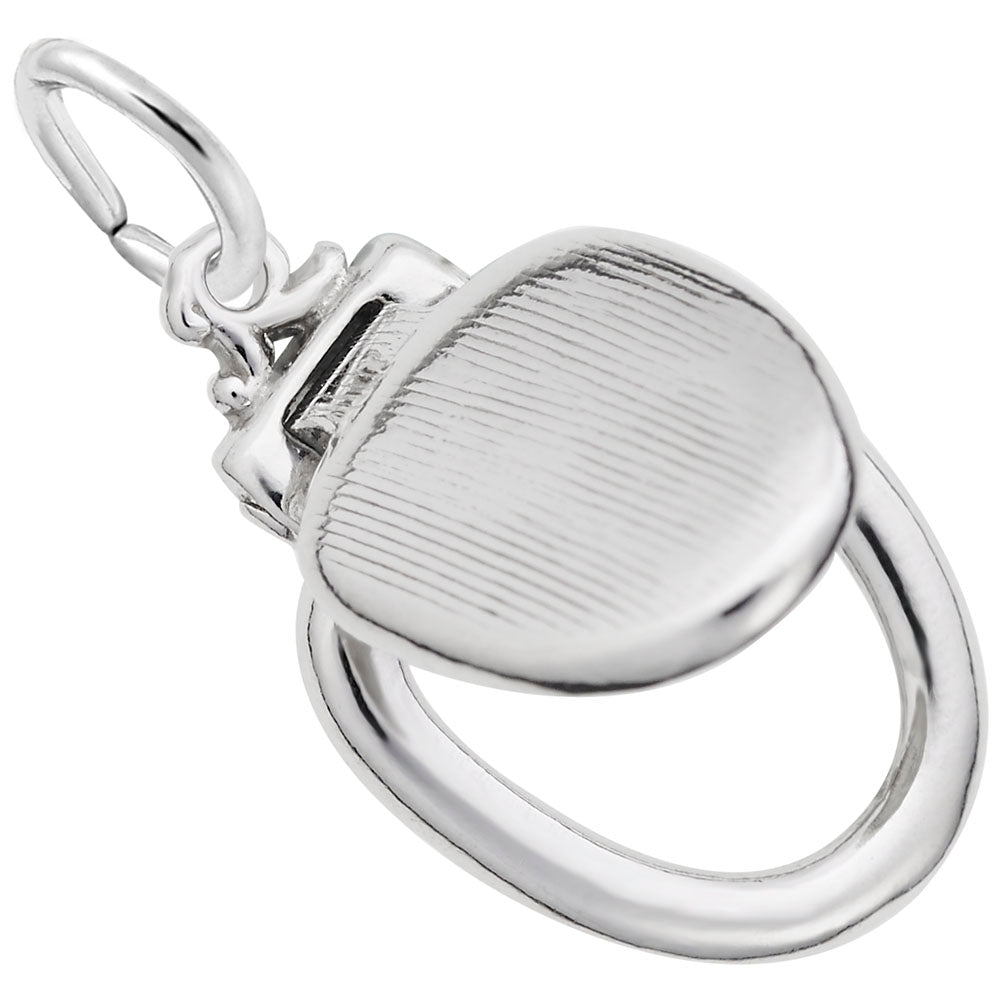 Silver toilet seat charm, shown with an open lid on a white background
