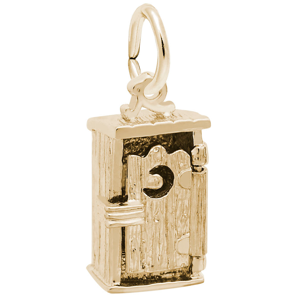 Gold Outhouse charm with detailed boards and a closed door with a  moon shaped hole, shown on a white background