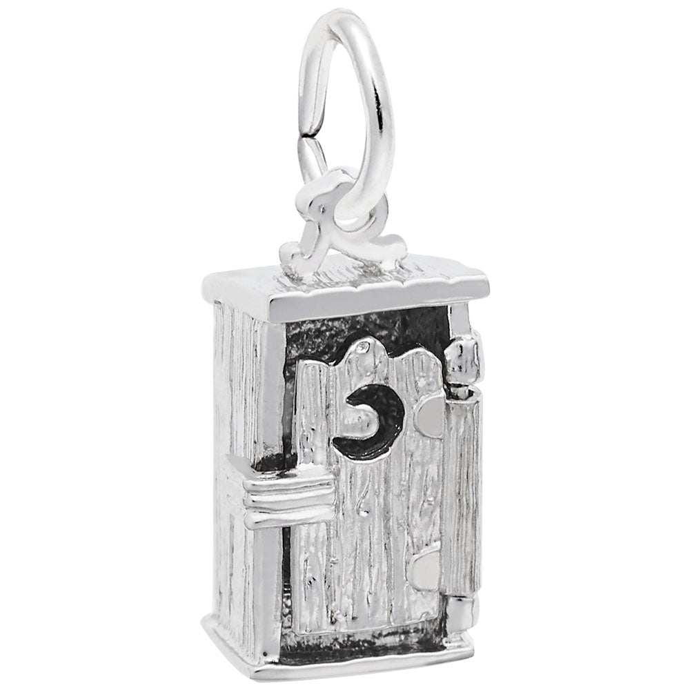 Silver Outhouse charm with detailed boards and a moon shaped hole, shown on a white background
