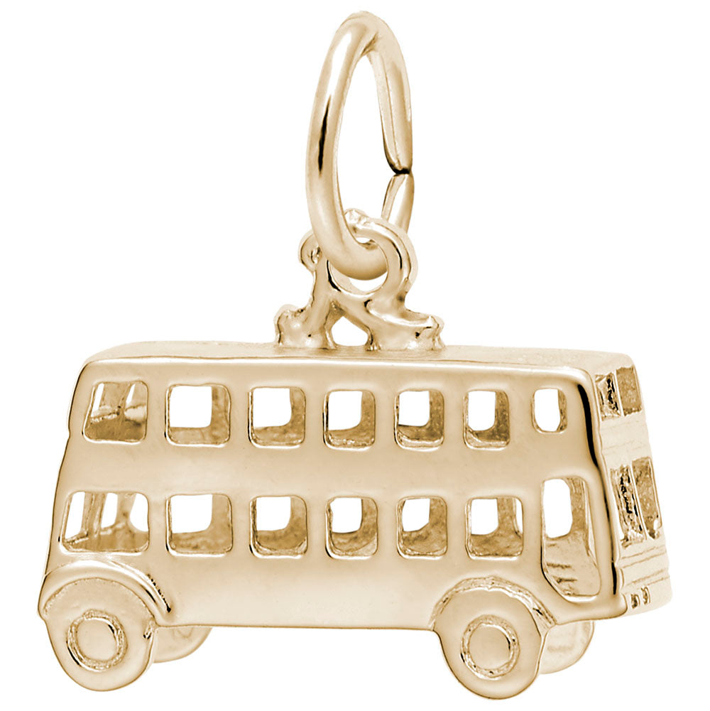 Gold double decker bus charm, shown on a white background