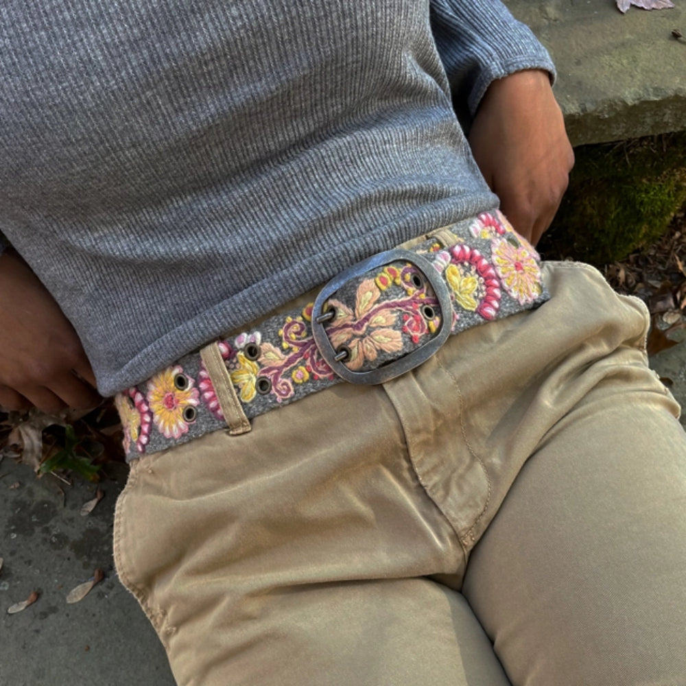 Jenny Krauss Heather Gray Floral Embroidered Wool Belt