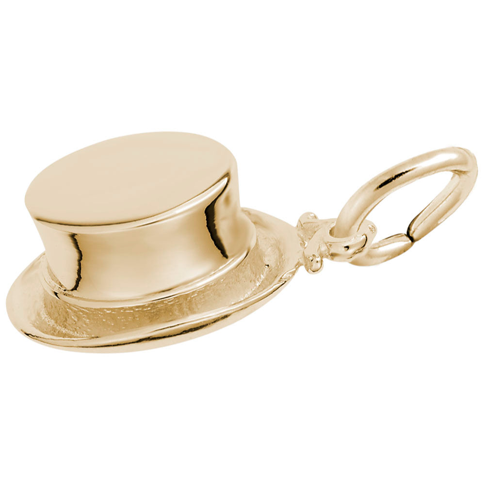 A polished gold top hat pendant charm with a small attached loop, shown on a plain white background.
