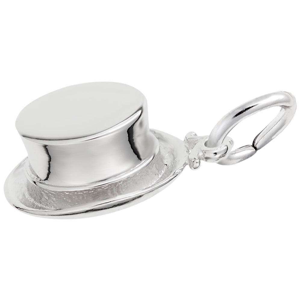 A polished silver charm shaped like a top hat with a small attached loop, shown on a plain white background.