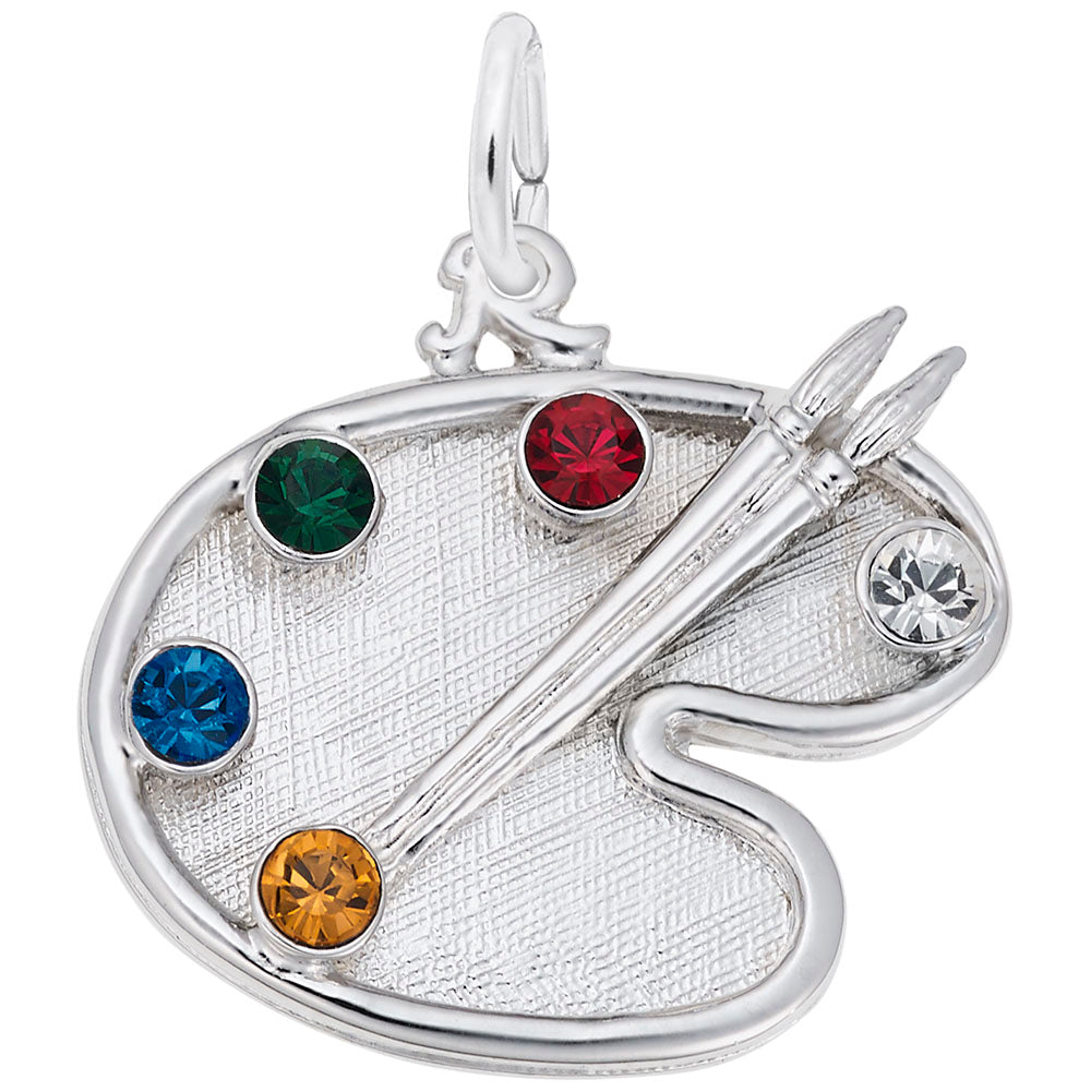 Silver artist palette with 5 colored gemstones on a white background