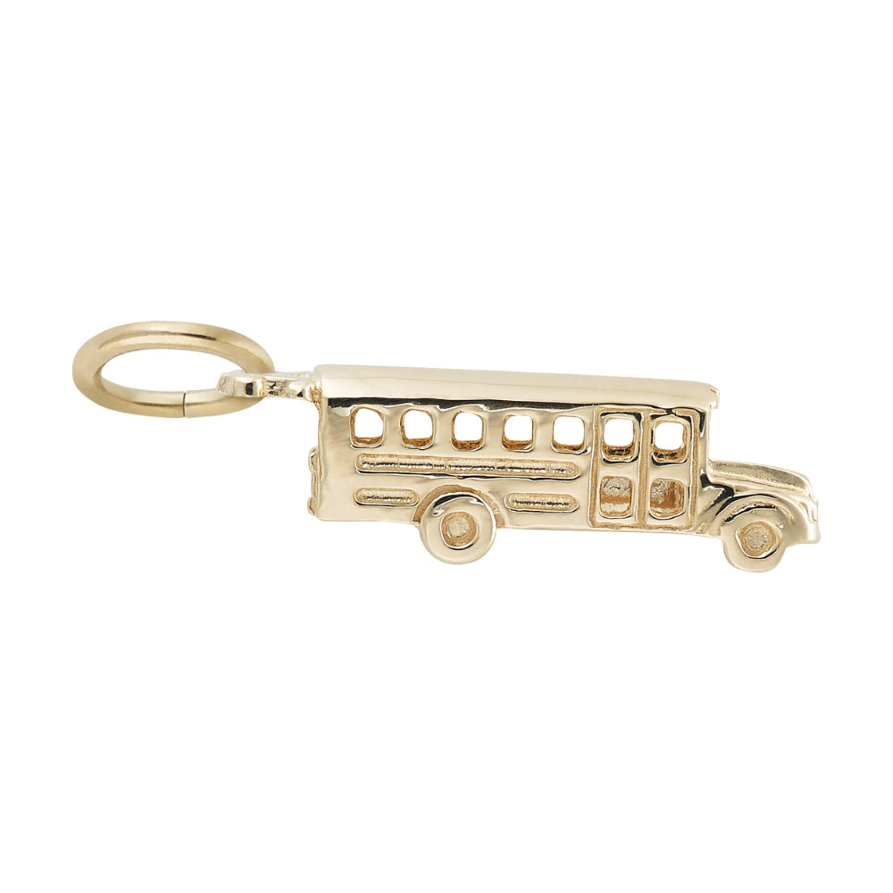 Gold school bus charm with detailed lines, shown on a white background facing right