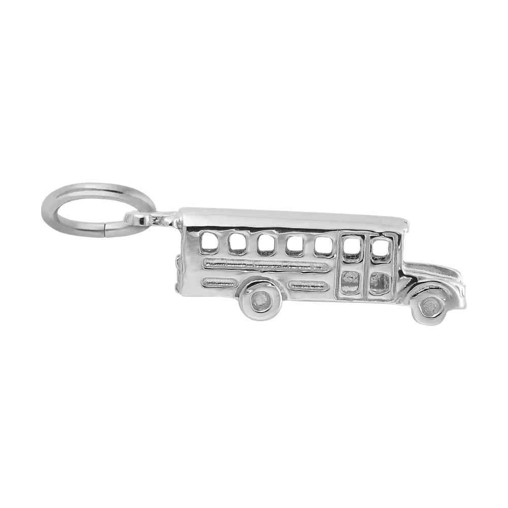 Silver school bus charm with detailed lines, shown on a white background facing right