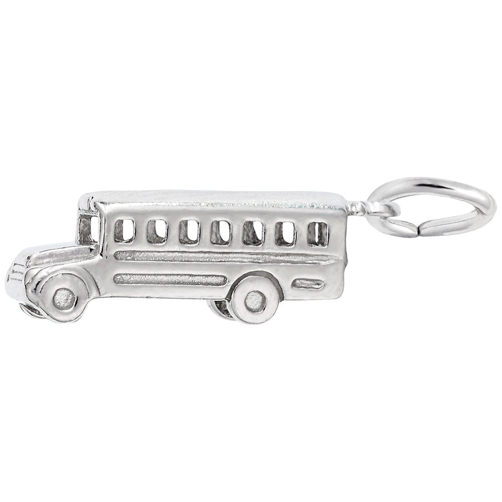 Silver school bus charm with detailed lines, shown on a white background facing left