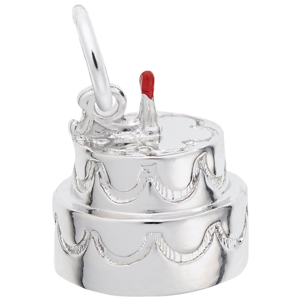 Silver cake charm with a candle on a white background