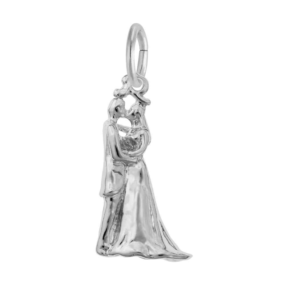 Silver charm depicting a bride anmd groom kissing, shown on a white background