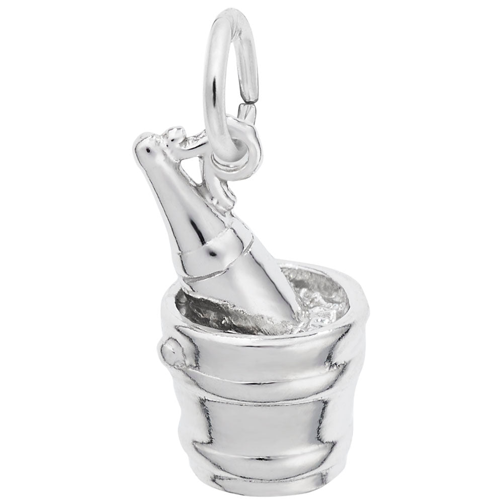 Polished silver ice bucket and champagne bottle charm, shown on a white background