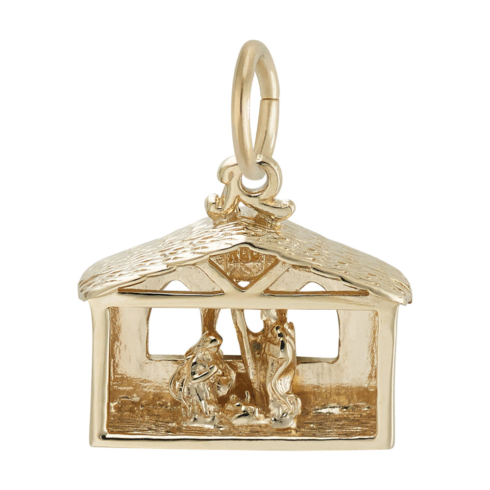 Gold nativity scene charm with detailed roof, shown on a white background
