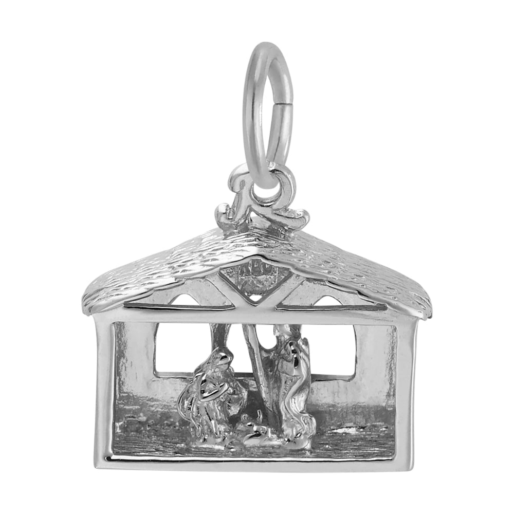 Silver nativity scene charm with detailed roof, shown on a white background