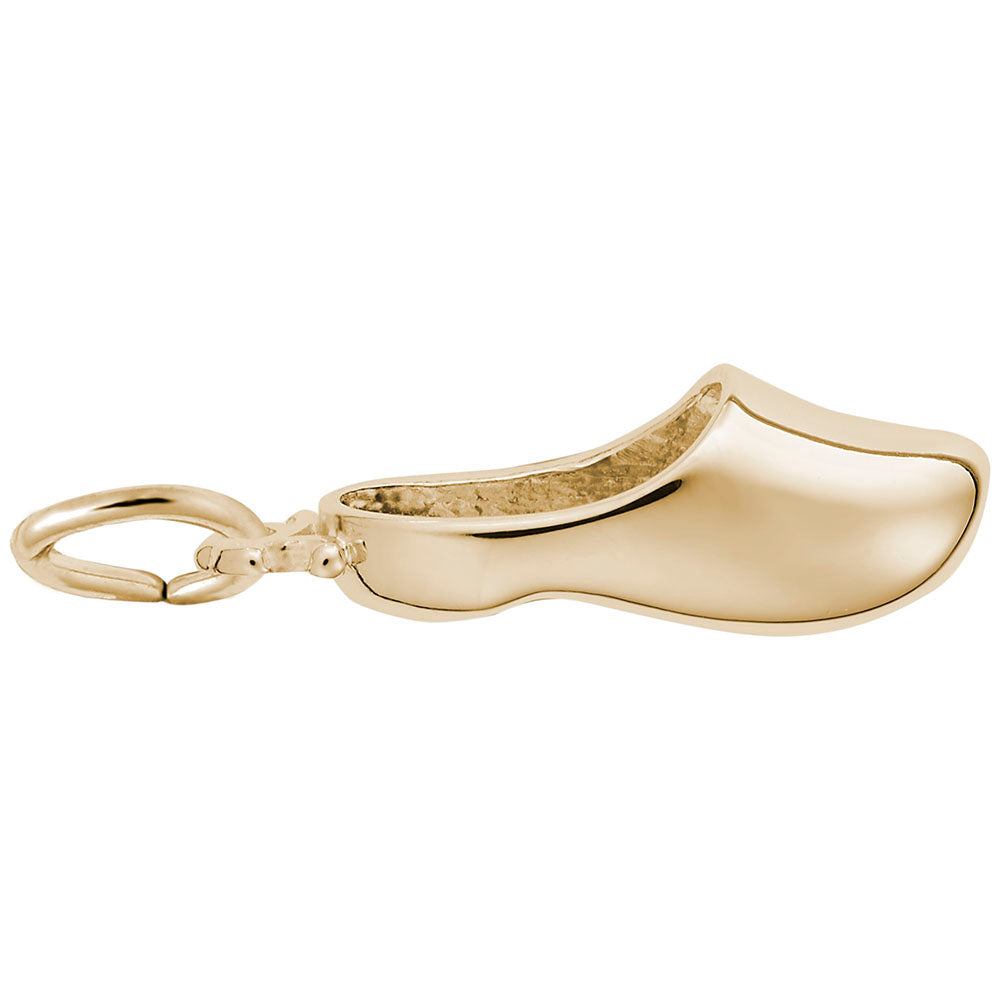 Gold polished Clog Show charm, shown on a white background