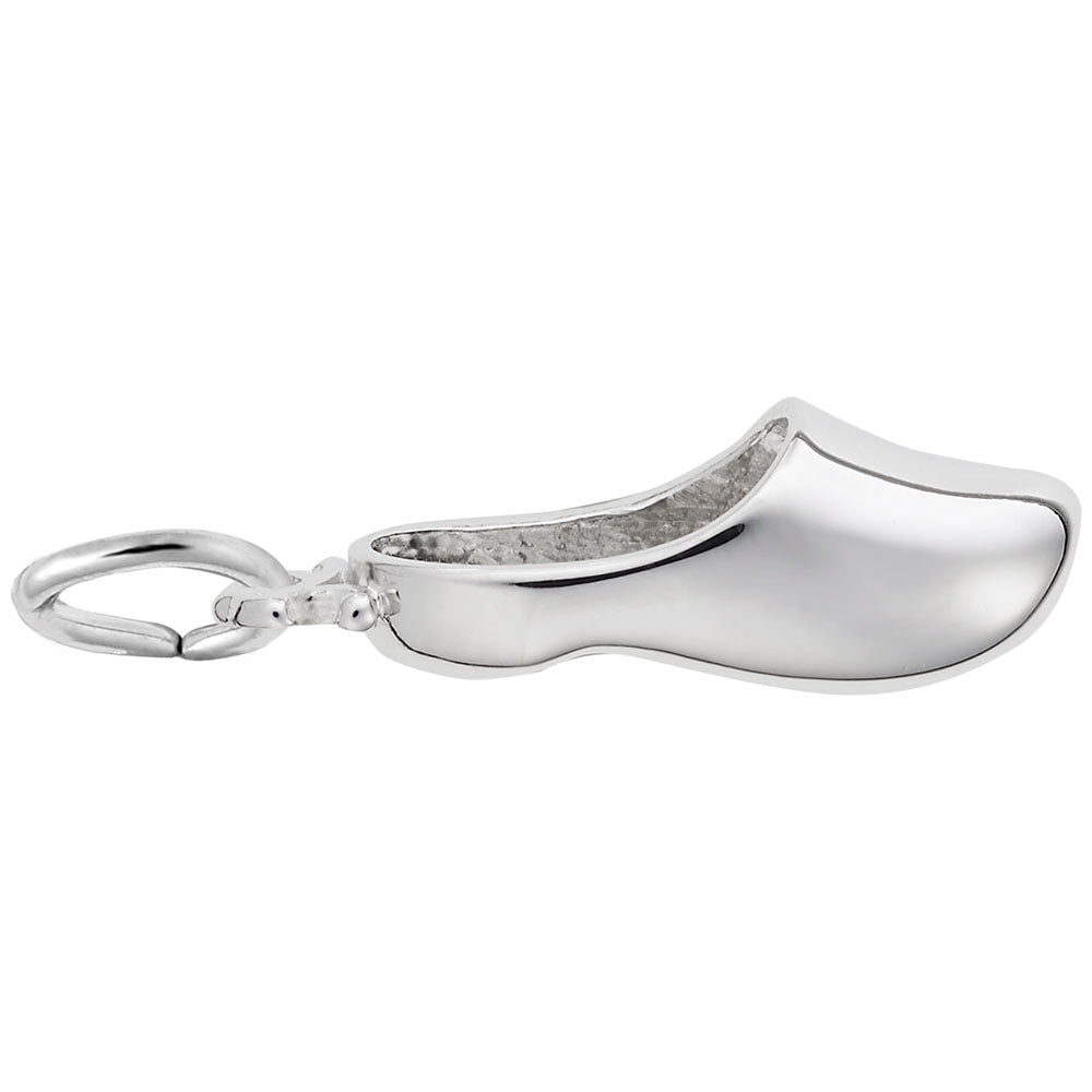 Silver polished Clog Show charm, shown on a white background