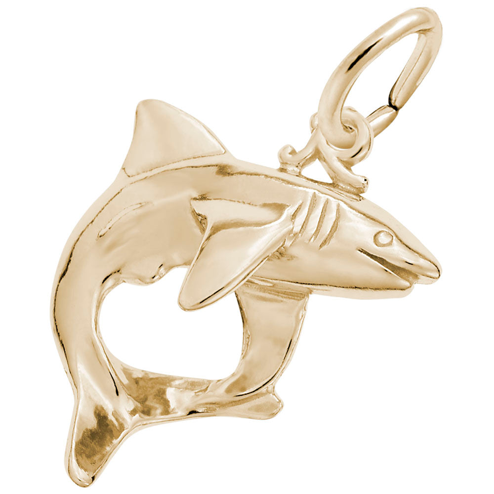 Gold shark charm depicted in a circle shape, shown on a white background