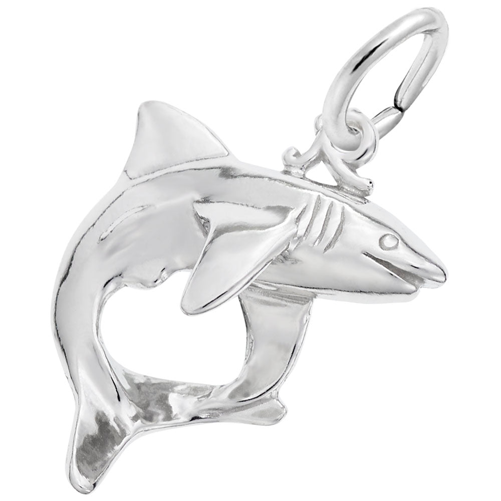 Silver hark charm depicted in a circle shape, shown on a white background