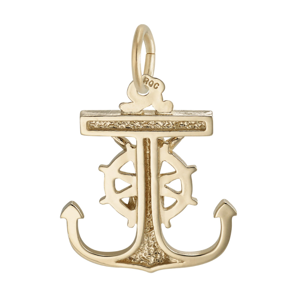 Back of Gold Mariner Cross charm featuring a ships anchor and wheel as part of a crucifix, shown on a white back ground