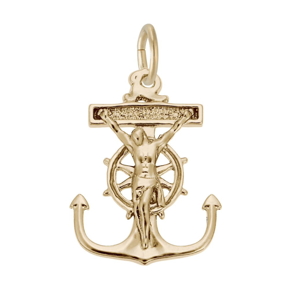 Gold Mariner Cross charm featuring a ships anchor and wheel as part of a crucifix, shown on a white back ground