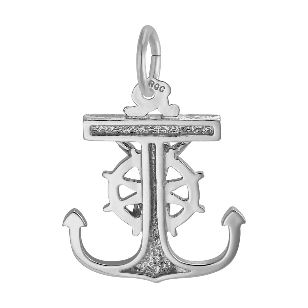 Back of Silver Mariner Cross charm featuring a ships anchor and wheel as part of a crucifix, shown on a white back ground