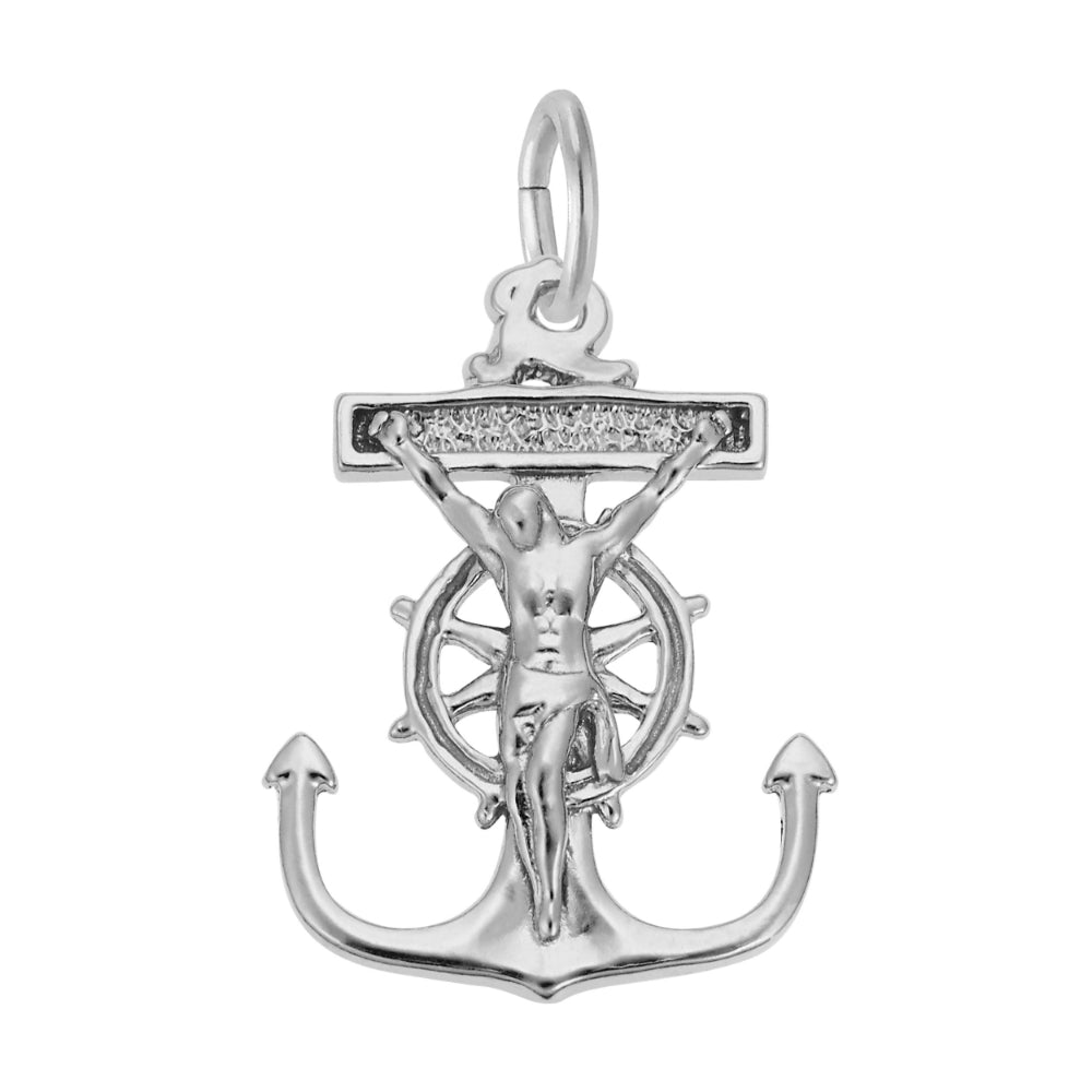 Silver Mariner Cross charm featuring a ships anchor and wheel as part of a crucifix, shown on a white back ground