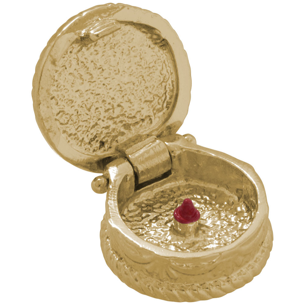 Open Gold cake charm with detailing and a red candle inside, shown on a white background