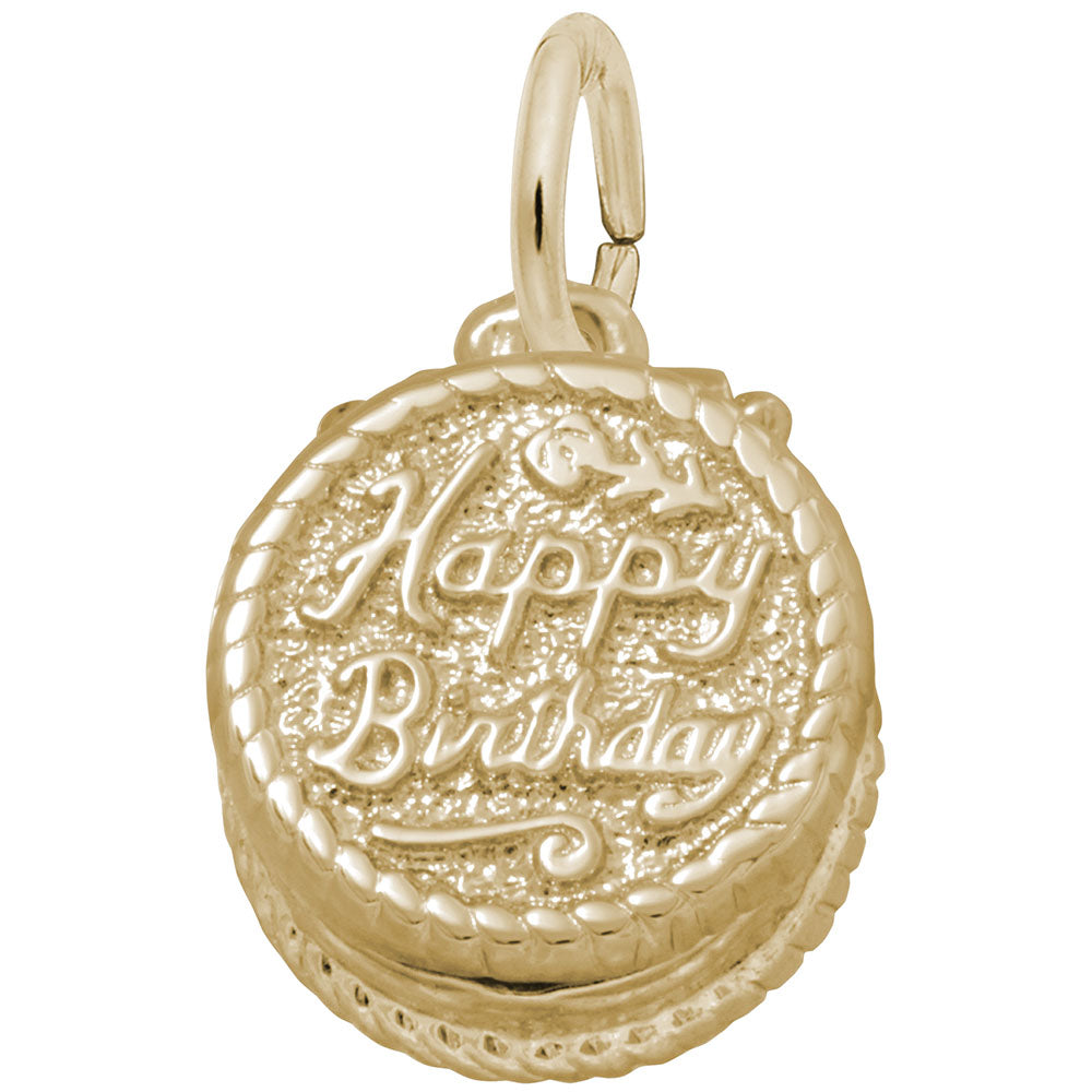 Gold cake charm with 'Happy Birthday' text and detailing, shown on a white background