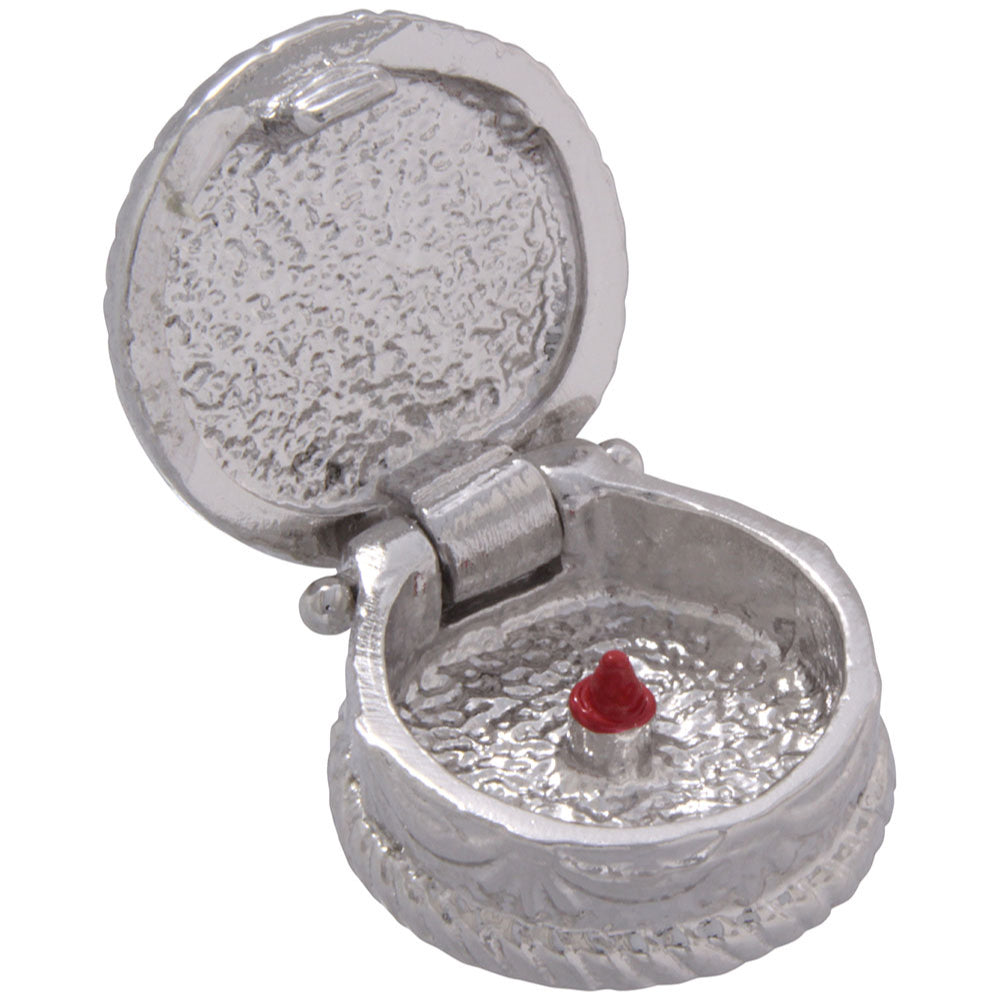 Open Silver cake charm with detailing and a red candle inside, shown on a white background