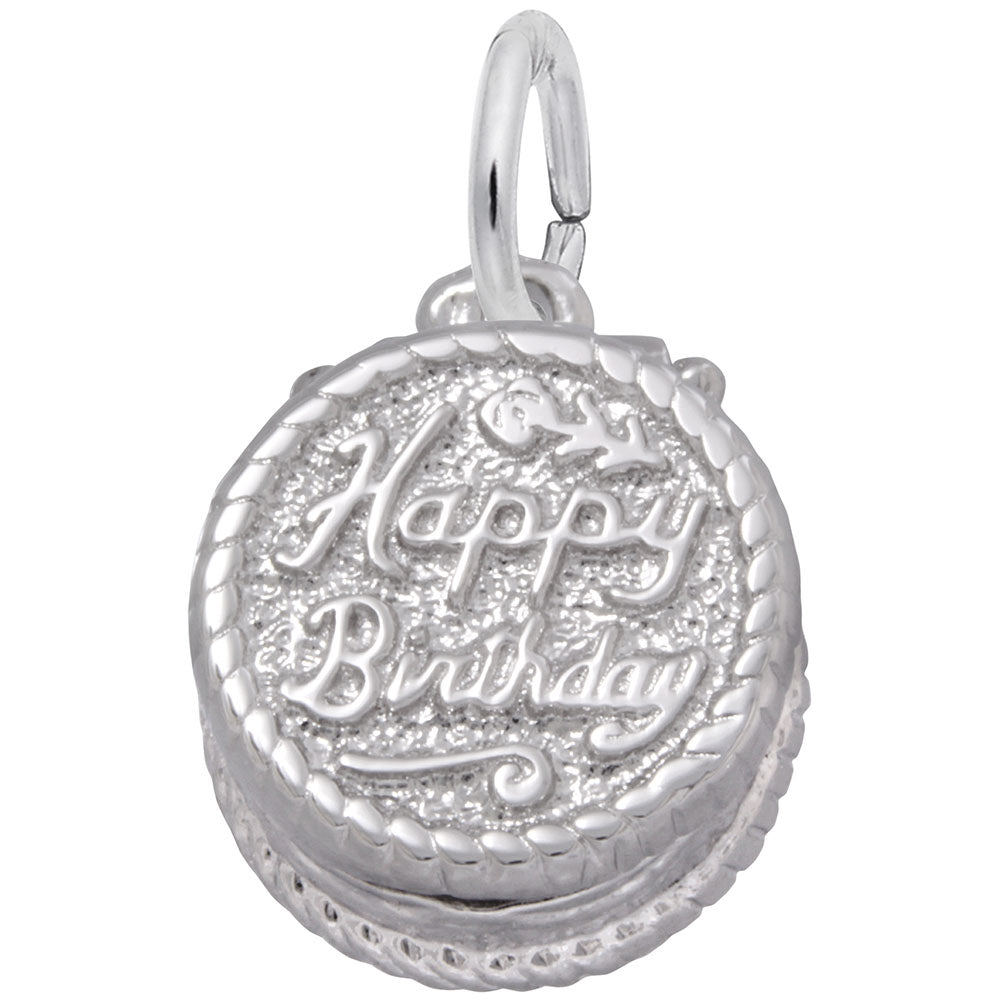 Silver cake charm with 'Happy Birthday' text and detailing, shown on a white background