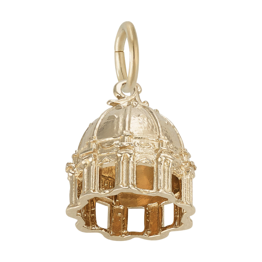 Upward view of gold St. Peter's Basilica Dome Charm with intricate details, shown on a white background