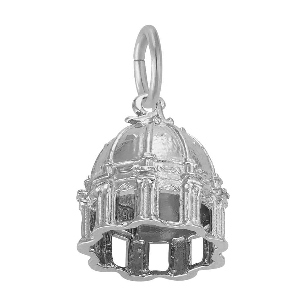 Upward view of silver St. Peter's Basilica Dome Charm with intricate details, shown on a white background