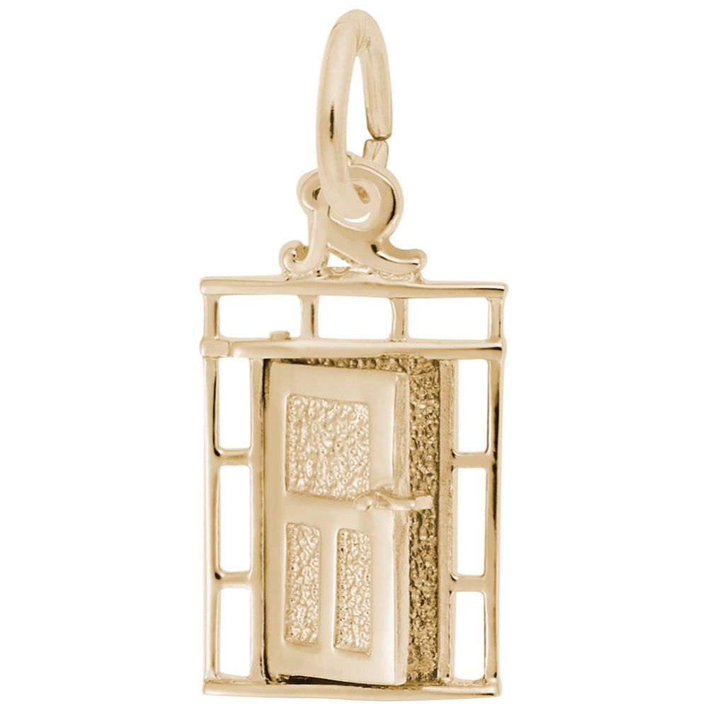 An open gold door charm with a textured center panels, shown on a plain white background.