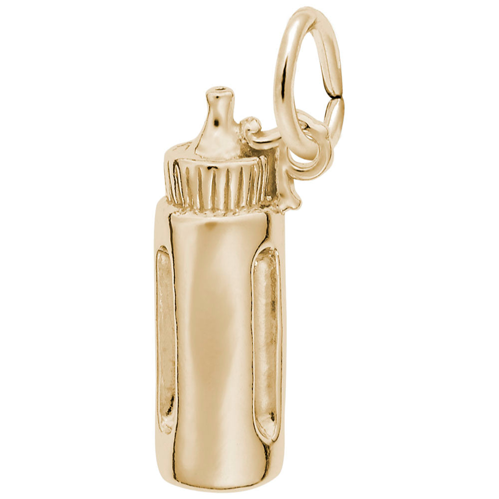 A polished gold baby bottle charm with a detailed ribbed neck, textured side details, shown on a plain white background.