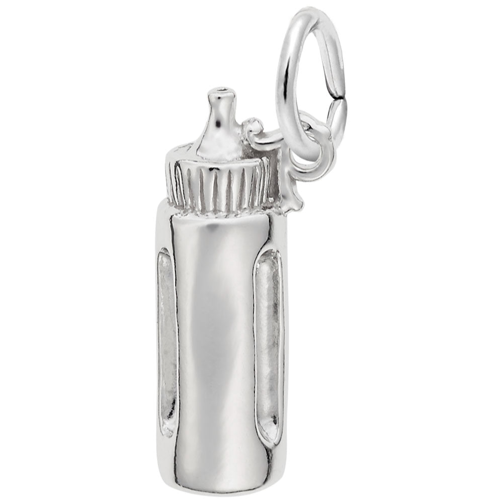 A polished silver baby bottle charm with a detailed ribbed neck, textured side details, shown on a plain white background.