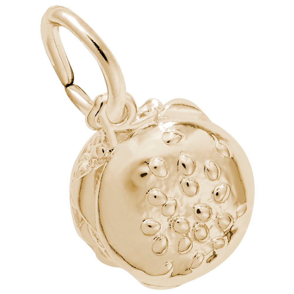 Top down view of a gold Hamburger charm with intricate detailing, shown on a white background