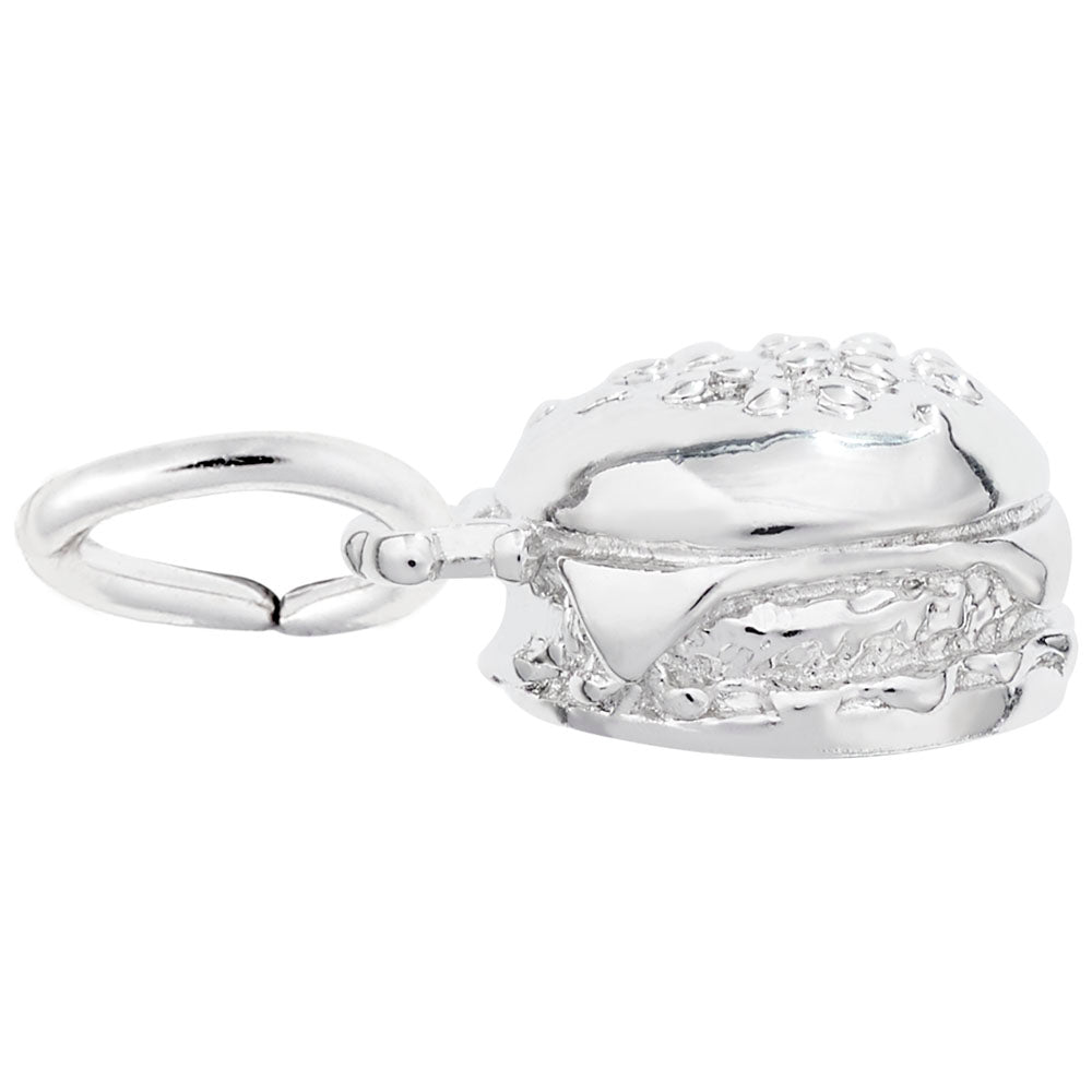Silver Hamburger charm with intricate detailing, shown on a white background