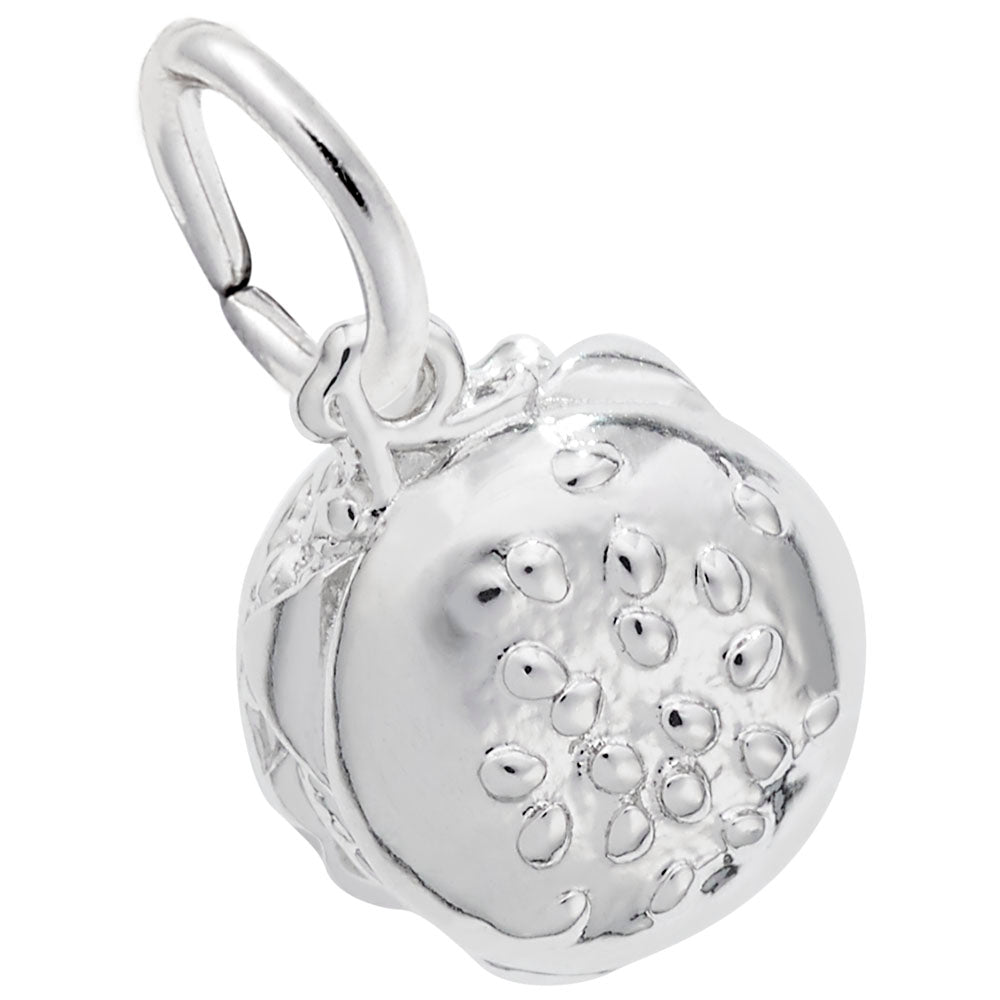 Top down view of a silver Hamburger charm with intricate detailing, shown on a white background