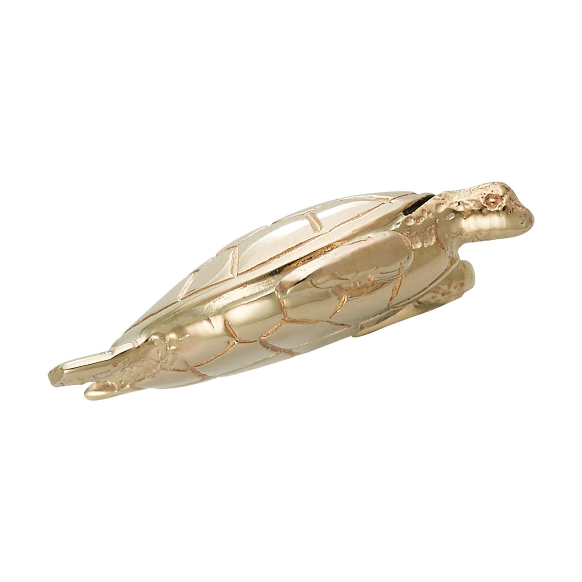 Side view of a gold turtle charm with detailed shell, shown on a white background